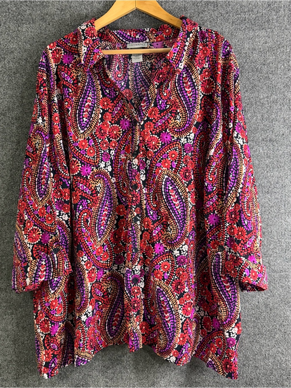 Catherines Womens 5X Paisley Button Up Top Multicolor 3/4 Sleeve Office Casual